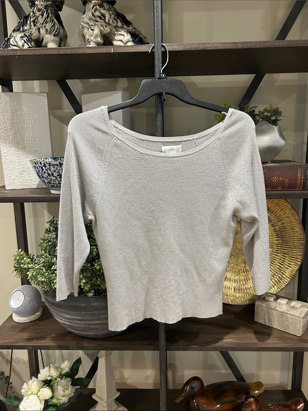 Worthington silver glittery Boatneck 3/4 Sleeve Top